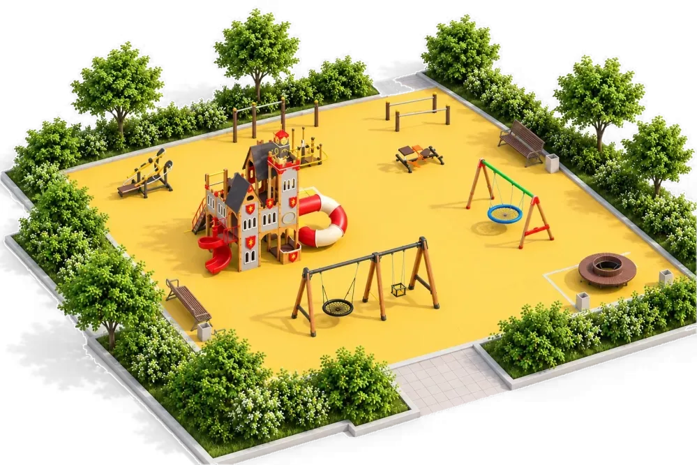 Готовое решение №46 — 3D-проект детской площадки 22×18 м: игровой комплекс-замок, качели и гнездо-качели